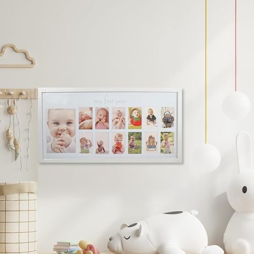 Baby's First Year Frame in Elegant White Natural Wood - My First Year Baby Picture Frame for Photo Memories (White)