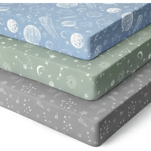 Pack and Play Sheets Fitted 3 Pack, Mini Crib Sheets for Pack N Play Mattress Stretchy Portable Playard Sheets, Soft Breathable Green Gray Constellation