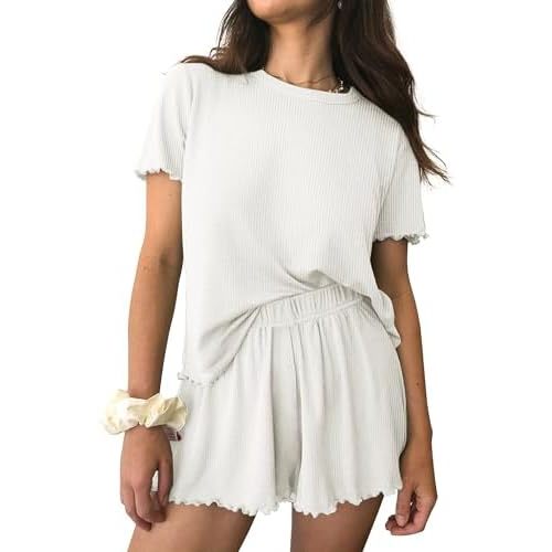 Ekouaer Womens Pajamas 2 Piece Ribbed Knit Pjs Short Sleeve Sleepwear Set Summer Soft Pajamas Set Casual Lounge Sets