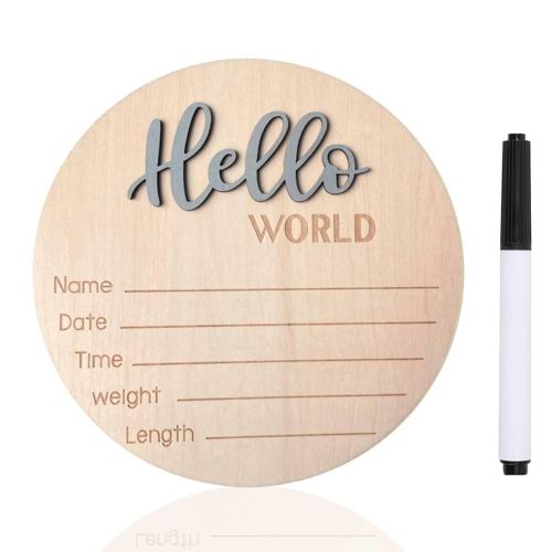 Baby Announcement Sign, 5.9 Inch Wooden Hello World Newborn Signs, Birth Announcement Sign, Baby Shower Hospital Nursery for Newborn Boys and Girls (Gray,Pen)