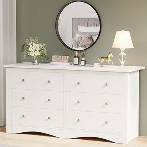 YESHOMY Dresser for Bedroom with 6 Drawers, 58" Wide Modern Chest of Drawers, Wooden Dresser, Storage Organizer for Living Room, Hallway, Pure White