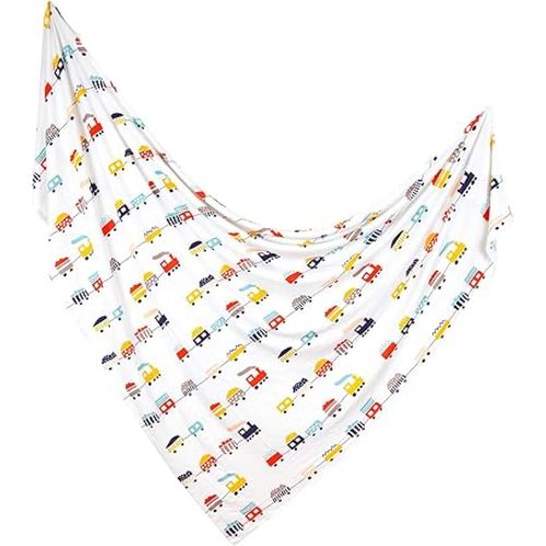 – Swaddle Blanket – Viscose Made from Bamboo Soft Baby Blanket for Baby Boy – Stretchy Newborn Baby Wrap – Nursery Receiving Blanket – Baby Boy – 47” x 47" (Trains Print)