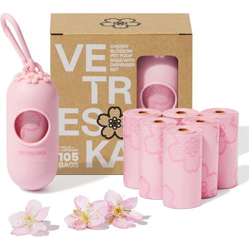 VETRESKA Cherry Blossom Scented Doggy Poop Bag Dispenser with 105 Leak-Proof, Compostable Bags