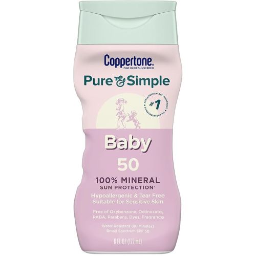 Coppertone Pure and Simple Baby Sunscreen Lotion SPF 50, Zinc Oxide Mineral Sunscreen for Babies, Hypoallergenic and Tear Free, 6 Fl Oz Bottle