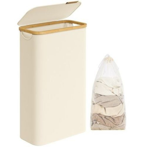SONGMICS Laundry Hamper with Lid, Slim Laundry Basket, 17.2 Gallons (65L), Space-Saving, Removable Mesh Liner Cream White