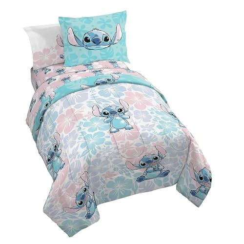 Jay Franco Disney Lilo & Stitch Twin Comforter Set - 5 Piece Bedding Includes Sheet Set & Pillow Covers - Super Soft Kids Floral Bedding