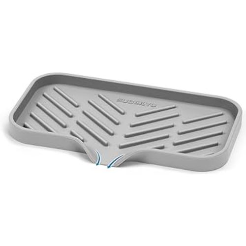 SUBEKYU Silicone Kitchen Soap Tray, Sink Tray for Kitchen Counter/Soap Bottles, Sponge Holder and Organizer with Drain Spout, Grey, [Size: 9.5 x 5 inch]