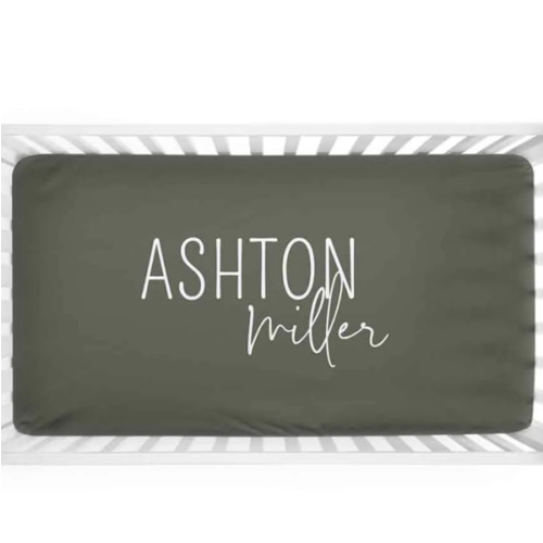 Personalized Crib Sheet in Olive | Classic Font Duo