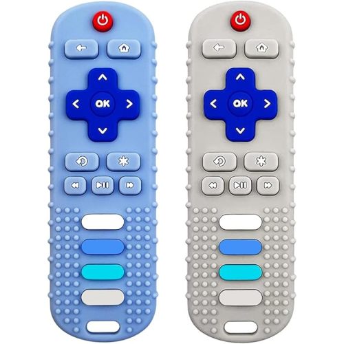 Baby Teething Toys, Food Grade Silicone Teether for Babies 3 6 12 18 Months, TV Remote Shape Toddlers Chew Toys, Freezer BPA Free (Blue+Beige)
