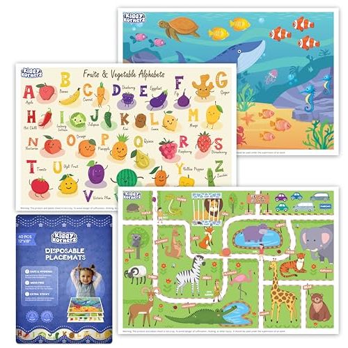 KIDDYKORNERZ Waterproof Disposable Placemats for Baby, Placemats for Kids, Toddler Placemat- 40 Pack Kids Placemats for Dining Table Tyke, Restaurants, and Travel - Fun Learning Designs Included
