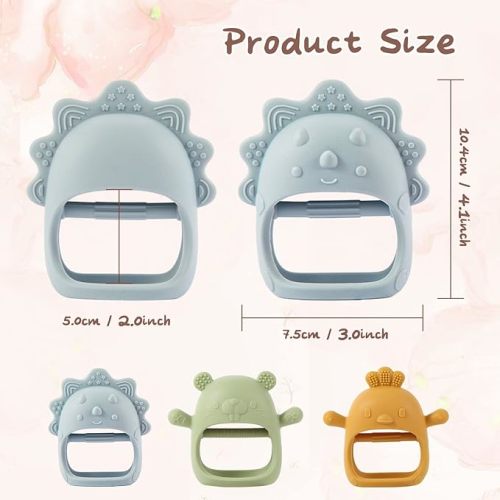 3 Packs Silicone Teething Toy for 3+ Months Babies, BPA Free Chew Toys for Sucking, Easy-to-Grasp Shapes with Soft Texture for Sensory Exploration and Itching Relief(Olive&Dusty Blue&Mango)