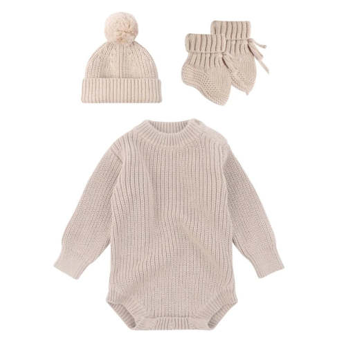 3Pc Newborn Knitted Soft Romper Set with Matching Hat and Socks