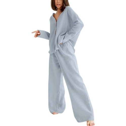 Womens Cotton Gauze Loungewear Sets Casual 2 Piece Sleepwear Button Down Shirt and Wide Leg Pants Outfits