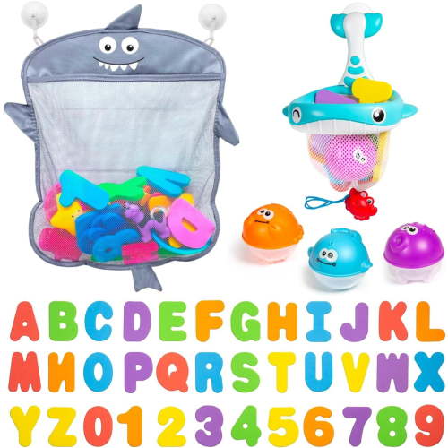 Baby Bath Toy Organizer - Bath Toy Storage for Shower - Bathtub Toy Organizer Includes Foam Bath Toys (Numbers & Letters & Squirty Toys) + Extra Net That Doubles as a Toy