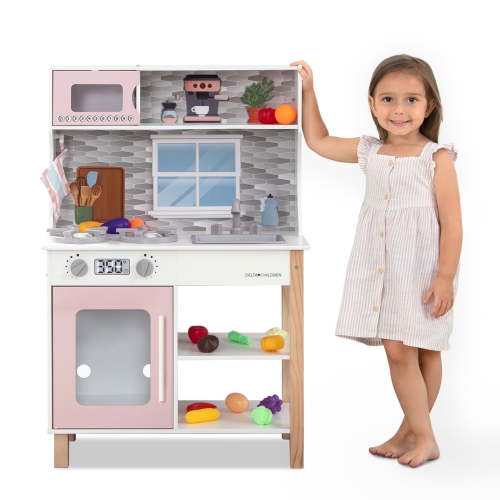 Delta Children Tiny Chef Play Kitchen - Wooden Toy Kitchen Playset with Realistic Knobs that Turn/Click, Oven, Sink, Microwave and 15 Pieces of Play Food, Pink