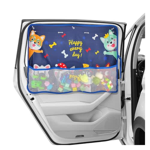 Car Window Shade for Baby, Blackout Car Window Curtain with Storage Pockets & 7 Suction Cups, Cartoon Pattern Cars Side Window Sun Shade Cover for Sun/Heat/UV Rays Protection (Blue-Cute Dogs)