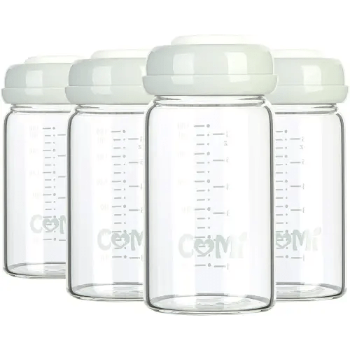 COMI Wide Neck Glass Breastmilk Collection n Storage Bottle, 4 Packs, 6oz with Screw Ring Sealing Disk; Re-markable Sealing Disc. BPA Free, Fits Breast Pumps & Nipples (4 Gray Lids)
