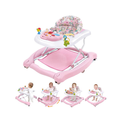 Foldable Baby 5-in-1 Activity Walker - Rocker, Activity Center, Bouncer, Seat Walker, Push Walker - Adjustable Speed Rear Wheels and Height Toys Ages 6-18 Months… (Pink)