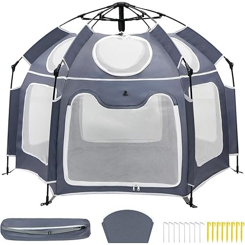 Baby Playpen with UV Canopy, Portable 1-Click Set Up Baby Tent, Toddler Play Yard for Indoor, Outdoor, Foldable Playpen for Beach, Camping, Home, Lightweight Versatile Kids Tent, with Travel Bag