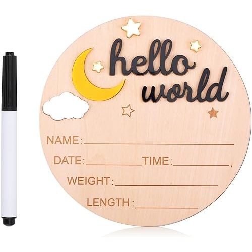 Wooden Hello World Newborn Sign, 5.8 inch Cute Birth Announcement Board Baby Announcement Sign Newborn Welcome Sign Baby Name Plaque for Nursery Hospital Girl Boy Baby Shower Photo Props (Black)