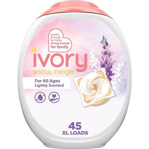 Ivory Snow Laundry Detergent Pacs, For All Ages, Hypoallergenic, Lightly Scented for Sensitive Skin, Lavender, HE Compatible, 45 Count