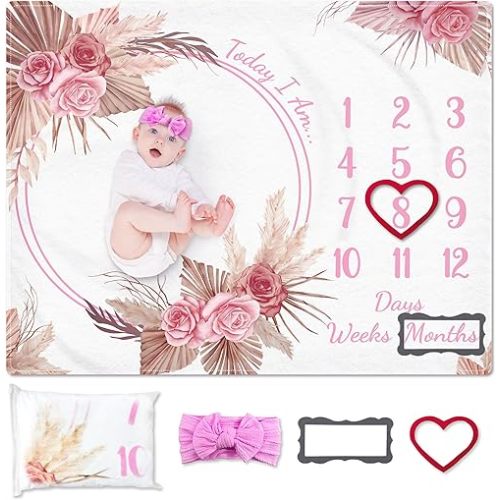 Baby Monthly Milestone Blanket for Girl - Soft Baby Age Month Blanket with Growth Chart - Boho Floral Photo Prop - Washable & Dryable & Headband, 50" x 40"