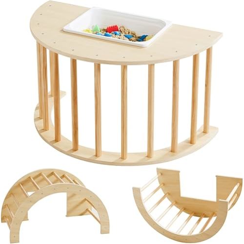 Beright 3 in1 Climbing Arch Sensory Table for Kids, Montessori Climbing Gym, Rocker Board Wooden Toy with Collapsible Storage Bin, Learning Playset