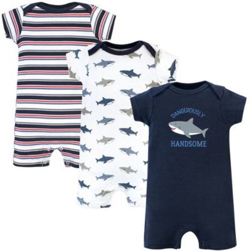 Hudson Baby Infant Boy Cotton Rompers 3pk, Shark, 9-12 Months