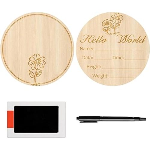Baby Birth Announcement Signs With Markers, Wooden Baby Birth Signs With Ink Pads for Baby Hands Footprints, Double-Sided Baby Announcement Signs for Baby Souvenirs (Sunflower)