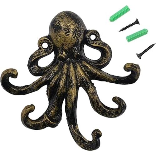 Octopus Key Hooks for Wall, Antique Bronze Cast Iron Decorative Wall Hook Animal Coat Hooks