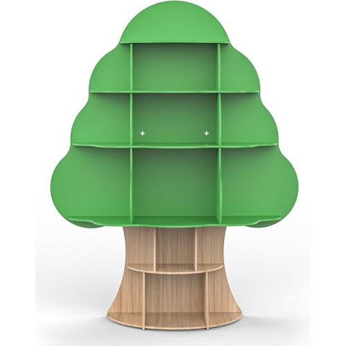 Tree Kids Bookshelf, Toddler Wood Bookcase, 16-Cubby Children Toy Storage Organizer Book Shelf for Kids Rooms, Nursery, Bedroom, Living Room, Classroom, Boy Girl’s Gift (Green Tree)