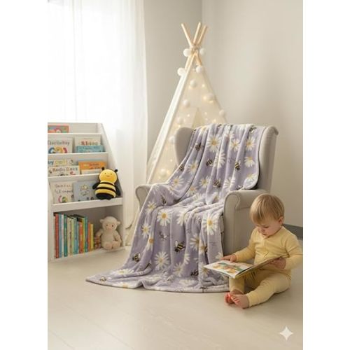 Bumble Bee Daisy Throw Blanket 50x70 Inch - Ultra Soft Plush Fleece, Lavender Purple Floral Queen Size Cozy Bed Sofa Decor, All Seasons Gift for Bee Lovers