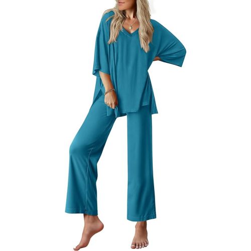 Ekouaer Lounge Sets for Women Pajamas Set Short Sleeve Tops and Long Pants Soft 2 Piece Outfits with Pockets S-XXL
