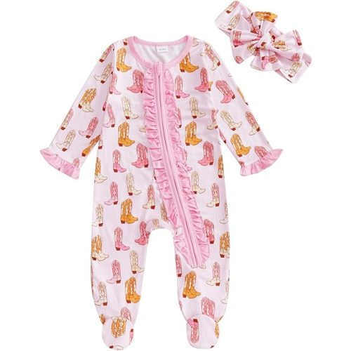 Western Baby Girl Clothes Newborn Cowgirl Jumpsuit Boots Print Long Sleeve Ruffle Romper With Headband Fall Clothes