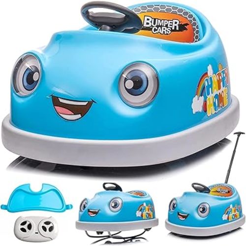 12V Dual Battery Electric Ride on Kids Bumper Car w/Remote Control,360 Degree Spin,Push Rod Rocker Horse Function,3-Speeds Babies & Toddlers Bumping Car Ride on Toy Gift for 1-4 Years Children (Blue)