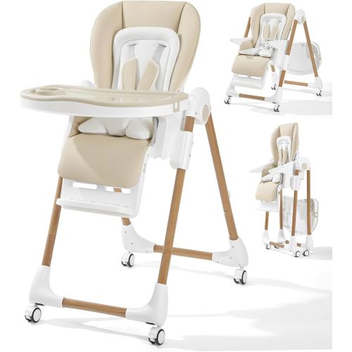 Mallify Foldable High Chairs for Babies and Toddlers, 3-in-1 Convertible Baby High Chair with Removable Soft Cushion and Tray, Adjustable Height & Recline, Lockable Wheels, Cream