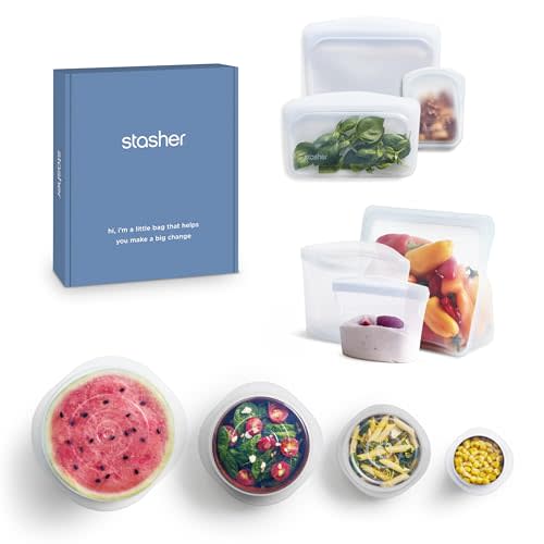 Stasher Premium Silicone Reusable Food Storage Bags and Stretch Lids 10-Pack, Clear, Airtight Seal, Food Containers & Covers, Boxed Starter Kit, BPA Free, Leak-free, Dishwasher Safe, Eco-Friendly