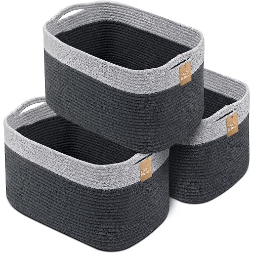Cotton Rope Basket for Blanket Basket | Nursery Storage | 15"x10"x9" Set of 3 Gray &Graphite Medium Storage Baskets for Organizing with Handles as Wicker Basket, Woven Baskets Storage, Blanket Basket