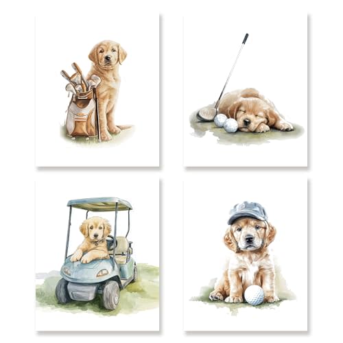 KSDUT Dog Golf Wall Art Decor Set of 4 - Golden Retriever Golfing Artwork Poster Rustic Kids Room Golf Wall Decor for Nursery Bedroom Home Gallery Decorations - 8"x10" Unframed