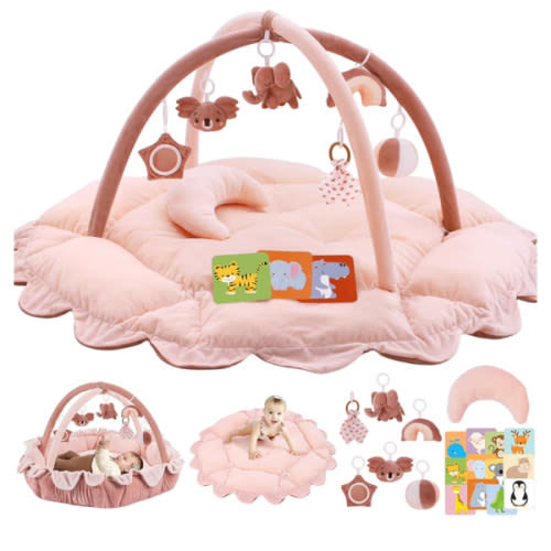 5-in-1 Plush Baby Play Gym, Baby Play Mats, Convertible Baby Gym with Pillow, Tummy time mat, 6 Sensory Toys, Baby Activity Center from Newborn to Toddler, Pet Bed, Cat & Dog Bed, Ball Pit, Pink