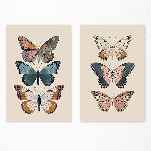 Yaasilinage Set of 2 Vintage Butterfly Canvas Wall Art Butterflies Pictures Posters Wall Decor For Nursery Blue Yellow Butterfly Art Prints Teens Girly Painting For College Dorm 12x16in Unframed