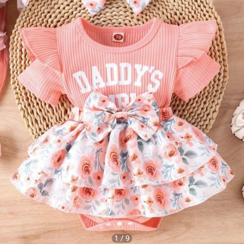2pcs/Set Cute And Soft Baby Girl Dress With Letter Slogan And Floral Print Design, Solid Color Bodysuit And Hairband, Perfect For Casual, Daily, Vacation And Outdoor Activities | SHEIN USA