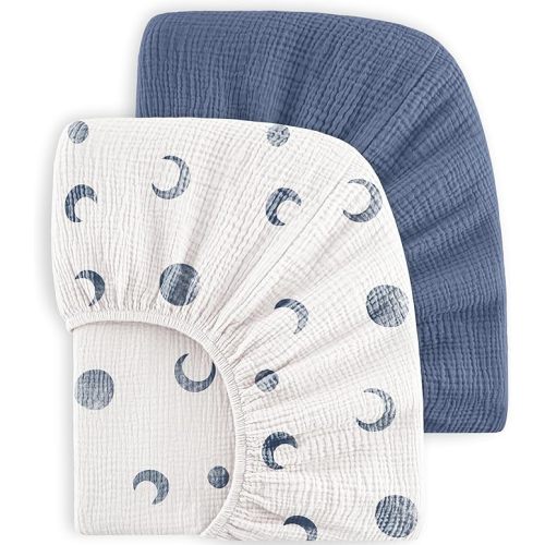 Bearmoss Muslin Crib Sheets 100% Cotton Baby Crib Sheets Soft&Breathable Nursery Sheet 52"x28" for Standard Crib Mattress&Toddler Bed Mattress - 2 Pack (Blue Crescent)