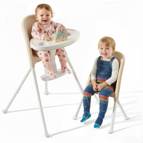 Mallify Foldable High Chair, Space-Saving Portable Baby High Chair with Removable Double Tray, Modern Convertible Baby Feeding Chair, Lightweight, Easy to Clean, Beige