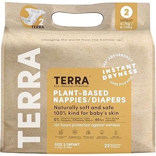 Terra Size 2 Diapers: 85% Plant-Based Diapers, Ultra-Soft & Chemical-Free for Sensitive Skin, Superior Absorbency for Day or Nighttime Diapers, Designed for Babies 8-15 Pounds, 22 Count