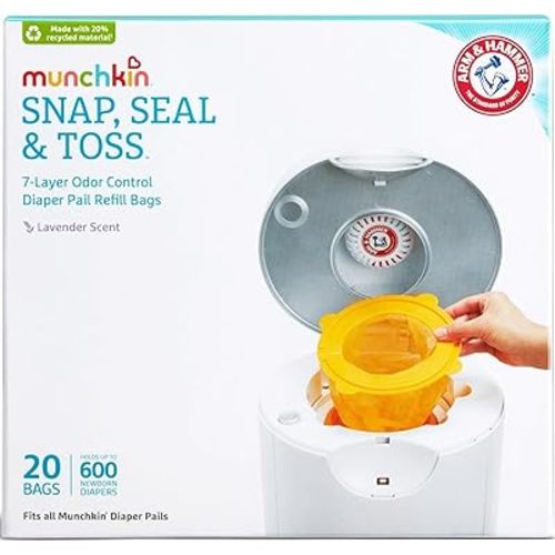 Munchkin Arm & Hammer Diaper Pail Refill Bags, Snap, Seal, Toss Disposable Diaper Trash Bags, Lavender Scented, 20 Pack, Holds up to 600 Newborn Diapers