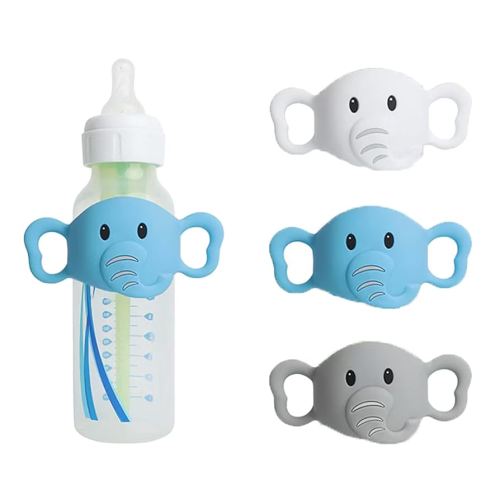 3 Pack Silicone Baby Bottle Handles for Dr. Brown’s Narrow & Wide Baby Bottles Hoder, Elephant Design, Easy Grip Self-Feeding Universal Bottle Handle, BPA-Free, 100% Silicone, White, Gray, Blue
