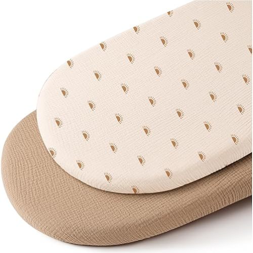 Konssy Muslin Bassinet Sheets for Baby Girl Boy, 2 Pack Soft Breathable Baby Bassinet Mattress Sheets Fit for Hourglass Oval Cradle, Moses Basket Rectangle Mattress (Camel, Sun)
