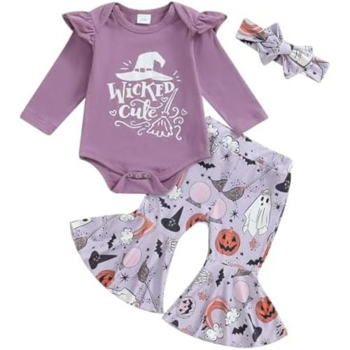Newbgclo Baby Girl Halloween Outfits Ghost Pumpkin Long Sleeve Romper Tops Flare Pants Headband Halloween Baby Fall Clothes