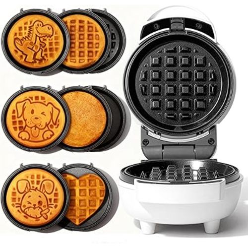 SugarWhisk 6-in-1 Mini Waffle Maker With Removable Plates, 4.5'' Mini Waffle Iron for Holidays, Parties & Events Waffle Maker Machine, 8 Plates with Premium Ceramic Coating, White